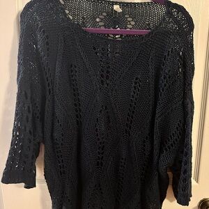 Open-Knit Scoop Neck Sweater — Navy Blue